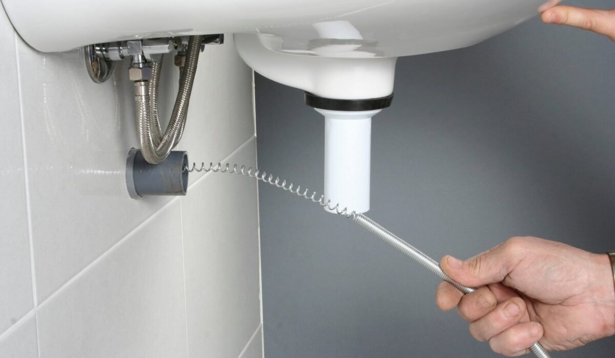 A plumber feeding a drain snake into a kitchen sink to clear a clog