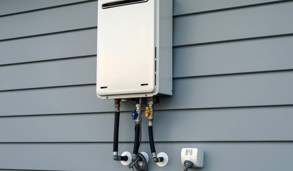 A continuous flow gas water heater mounted on the outside of a house