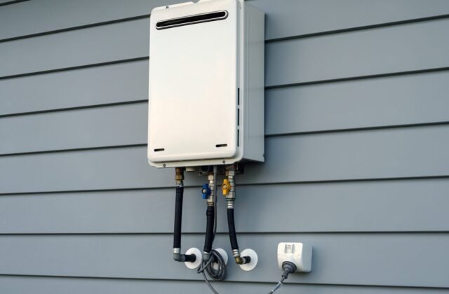 A continuous flow gas water heater mounted on the outside of a house