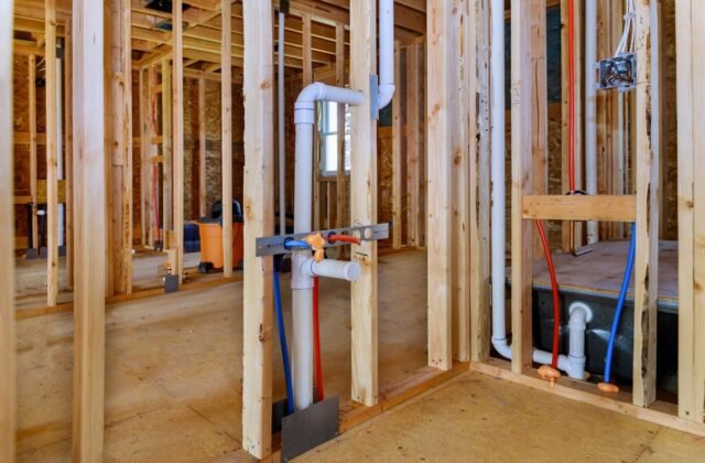 Hot and cold water supply pipes run through a wall during a repipe